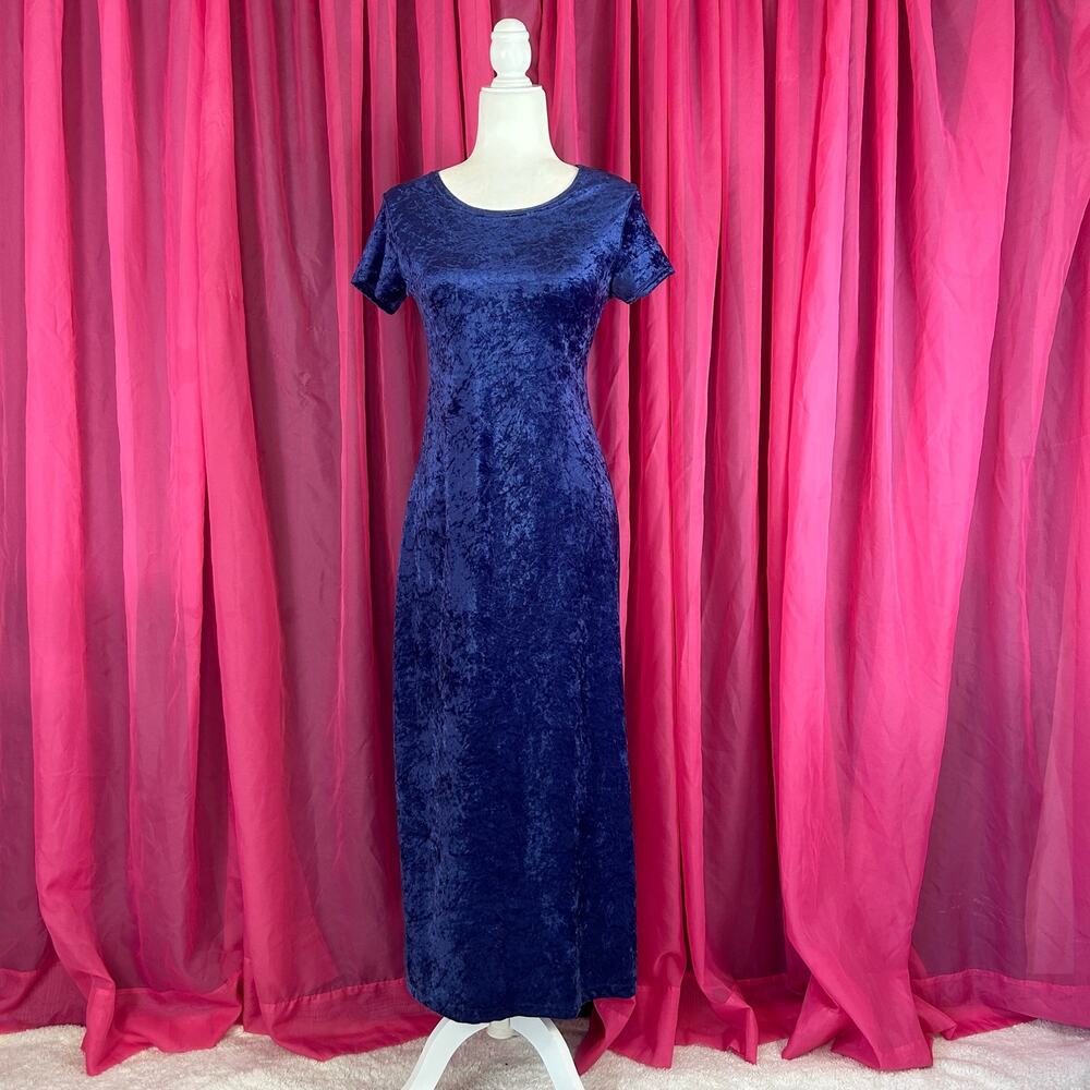 Vintage 90s Street Flower blue crushed velvet long stretch sheath dress, med